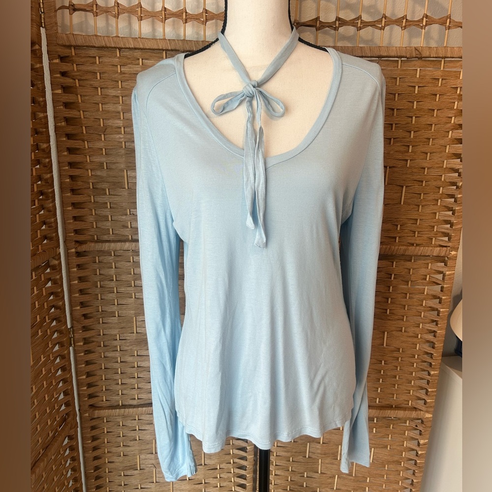 Frame Denim Pale Blue Long Sleeve Tie-Neck Top